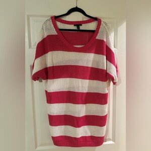 NWOT Women’s TOMMY HILFIGER Pink White Cotton Knit Crochet Sweater. Size XL.‎